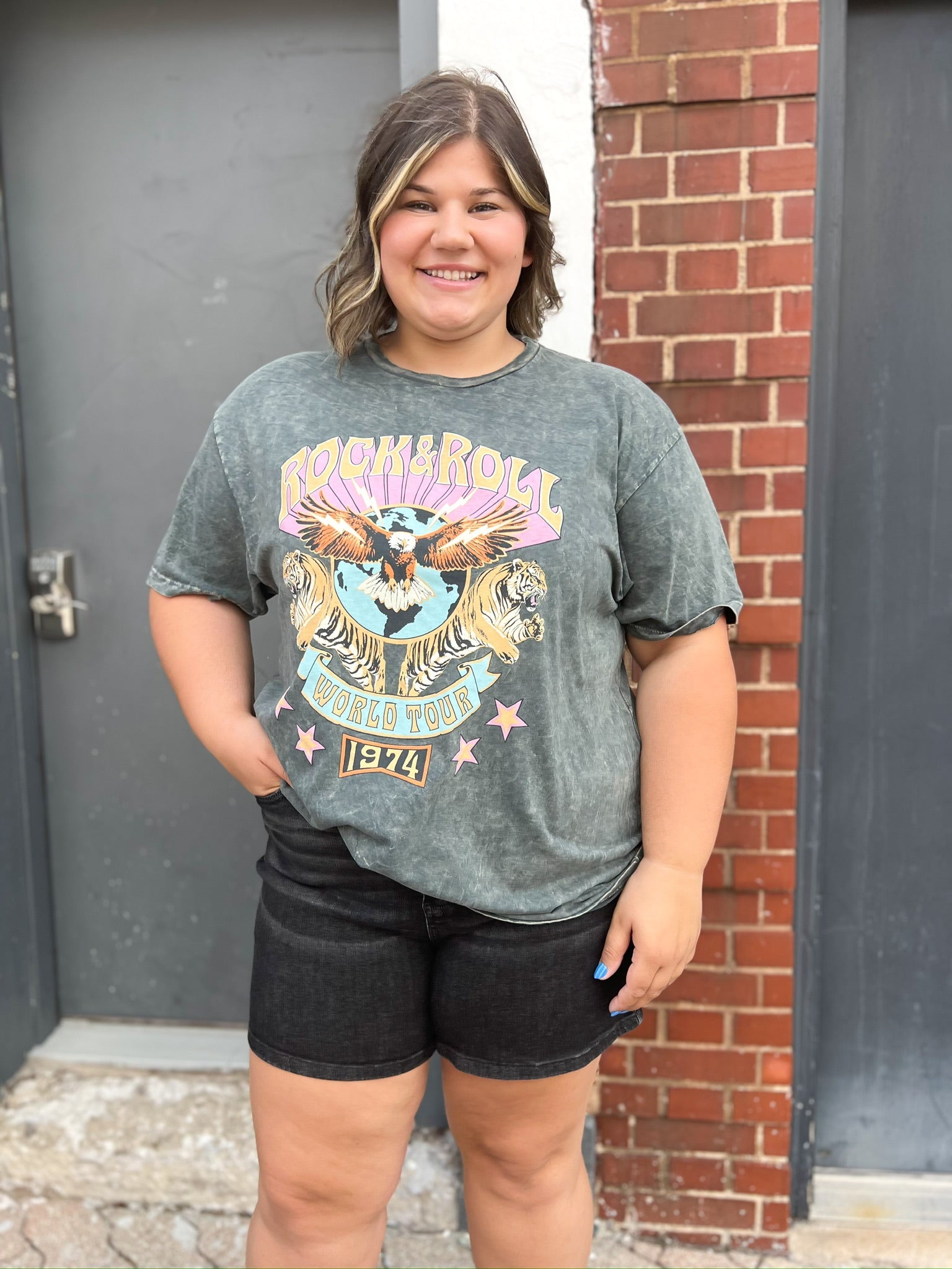 Curvy Gray Mineral Wash Rock and Roll World Tour Graphic Tee