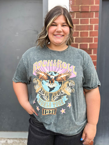 Curvy Gray Mineral Wash Rock and Roll World Tour Graphic Tee