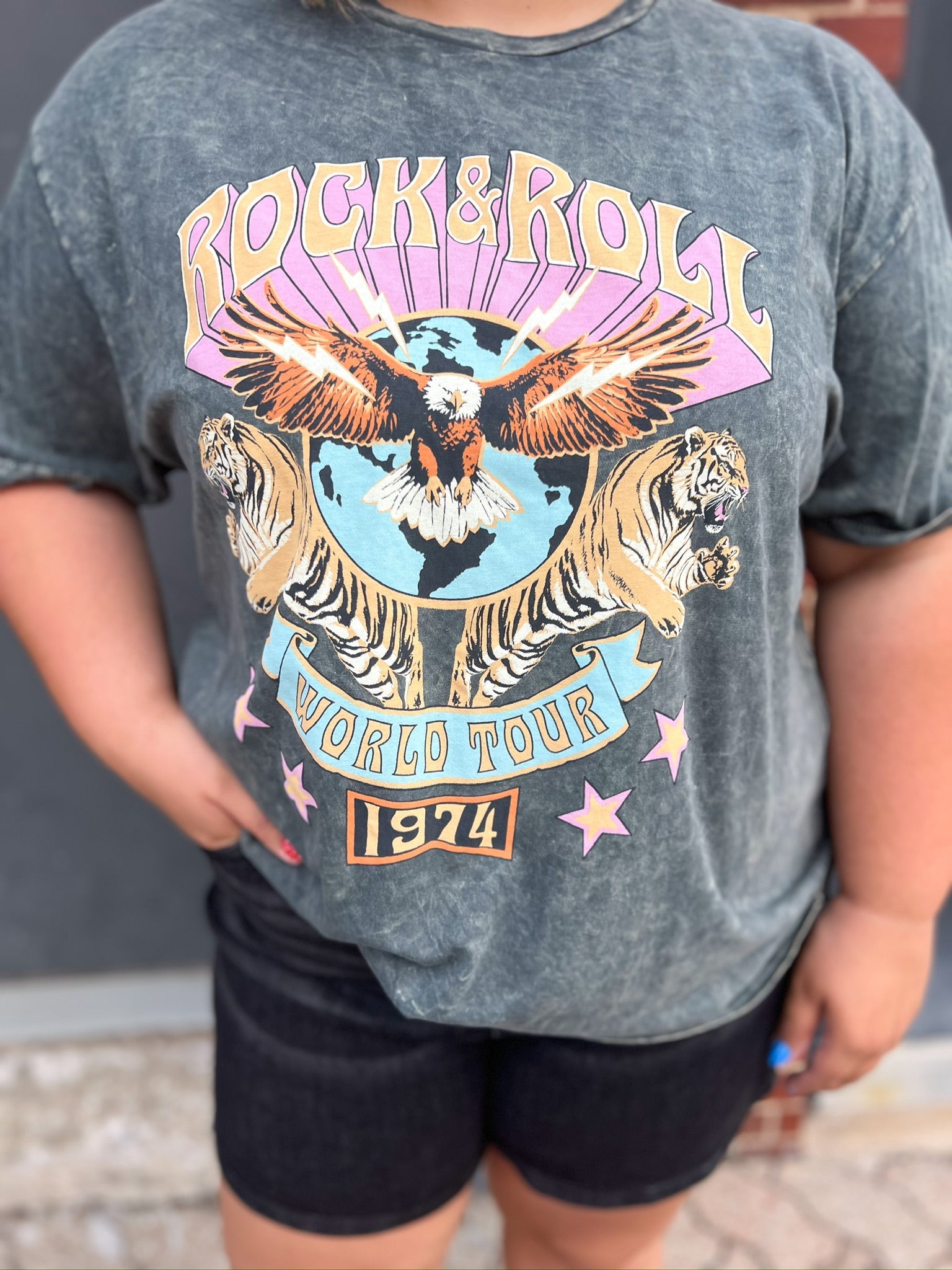 Curvy Gray Mineral Wash Rock and Roll World Tour Graphic Tee
