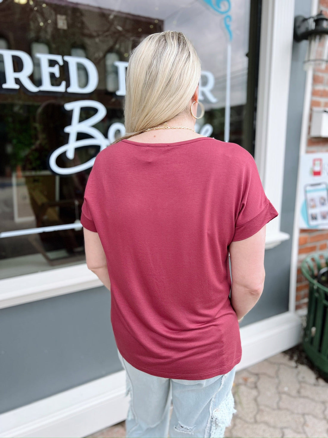 Marsala V-Neck Top with Chest Pocket