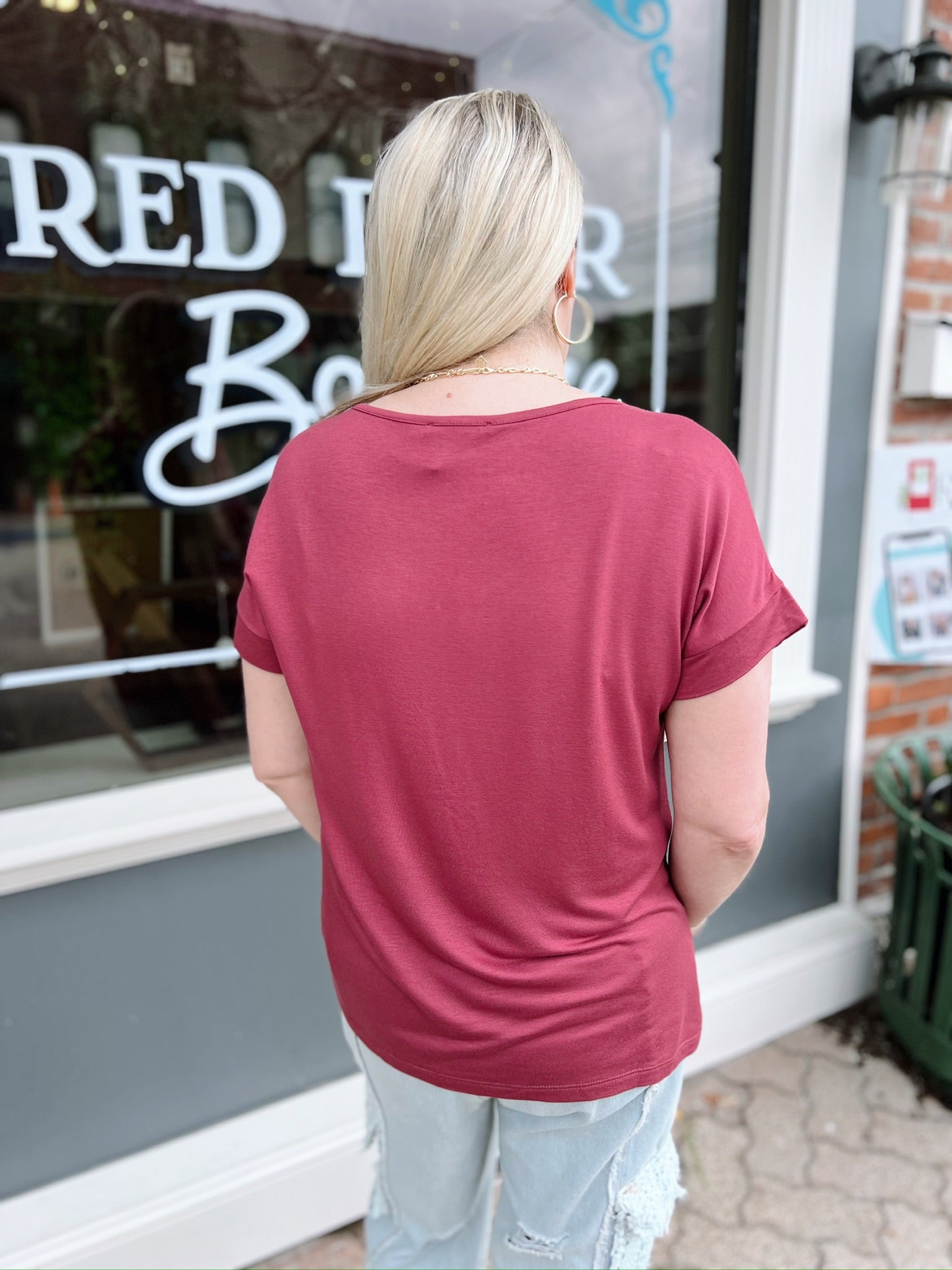 Marsala V-Neck Top with Chest Pocket