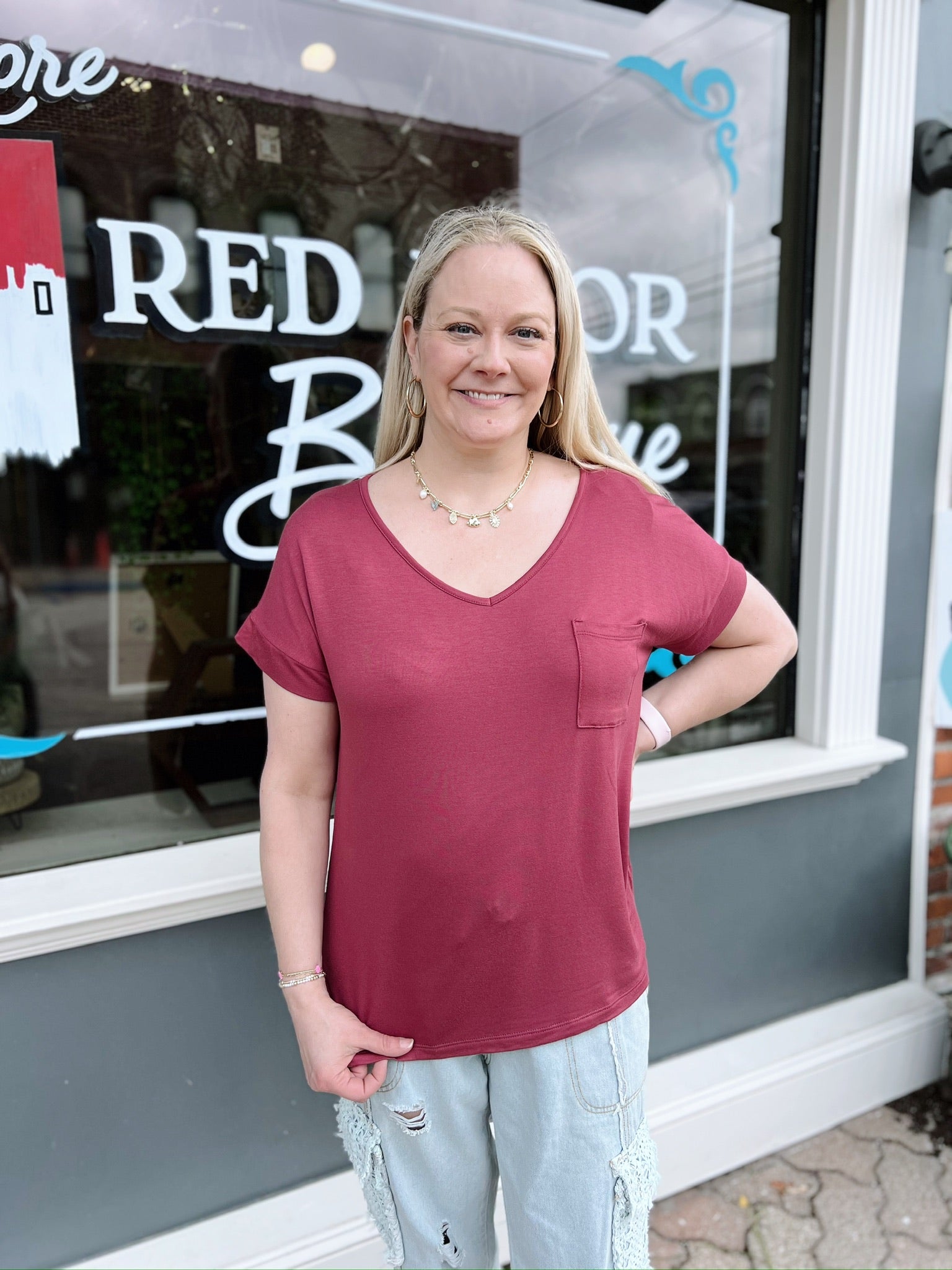 Marsala V-Neck Top with Chest Pocket