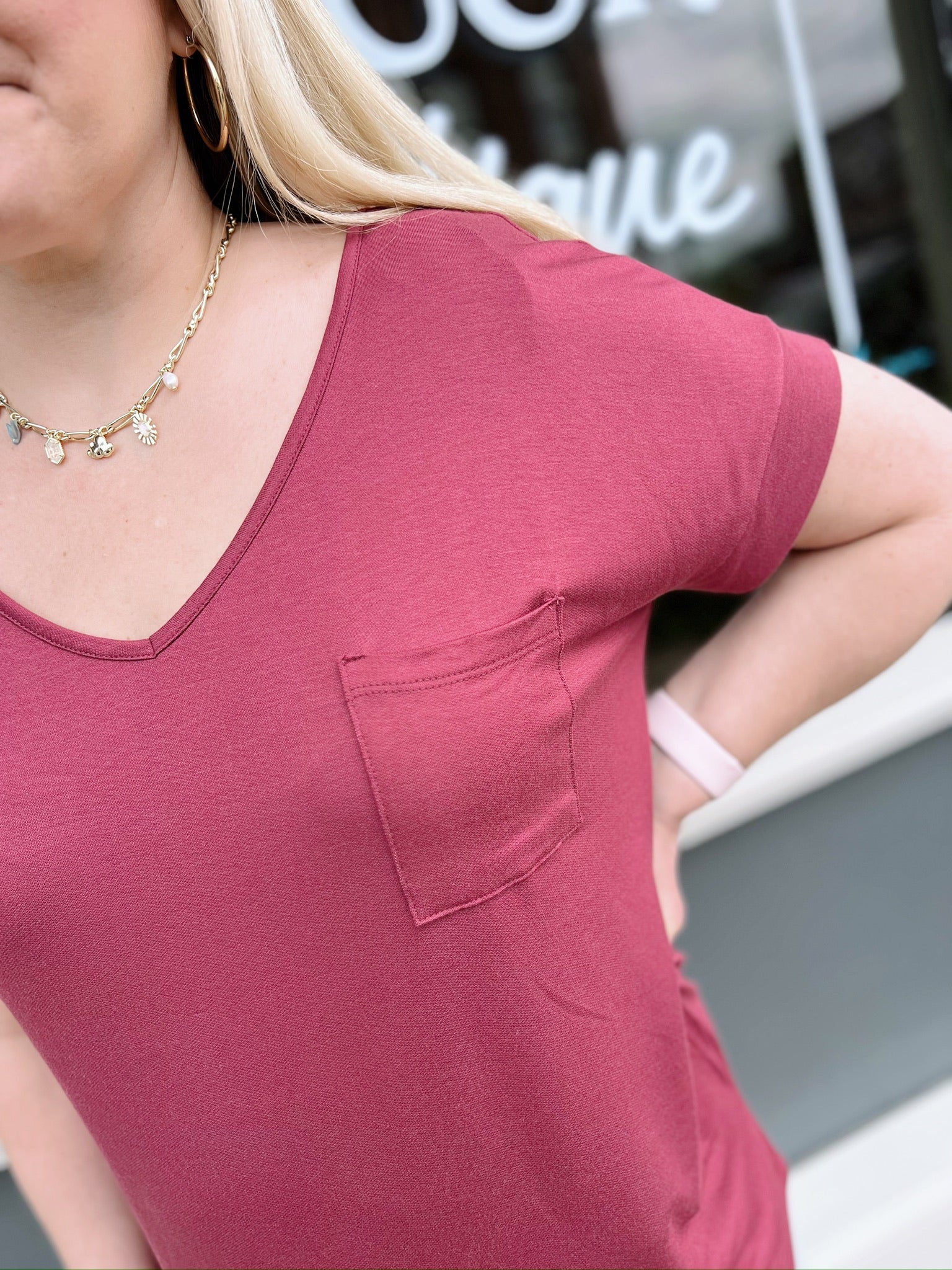 Marsala V-Neck Top with Chest Pocket