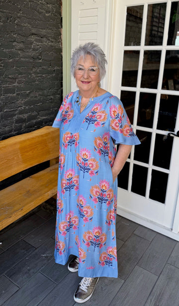 Blue Floral Flutter Sleeve Midi Dress