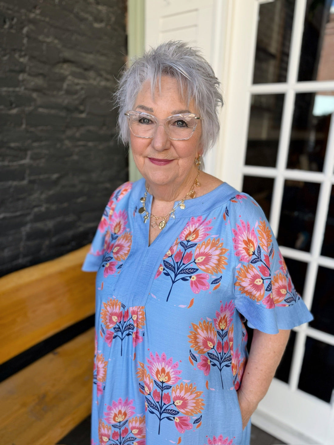 Blue Floral Flutter Sleeve Midi Dress