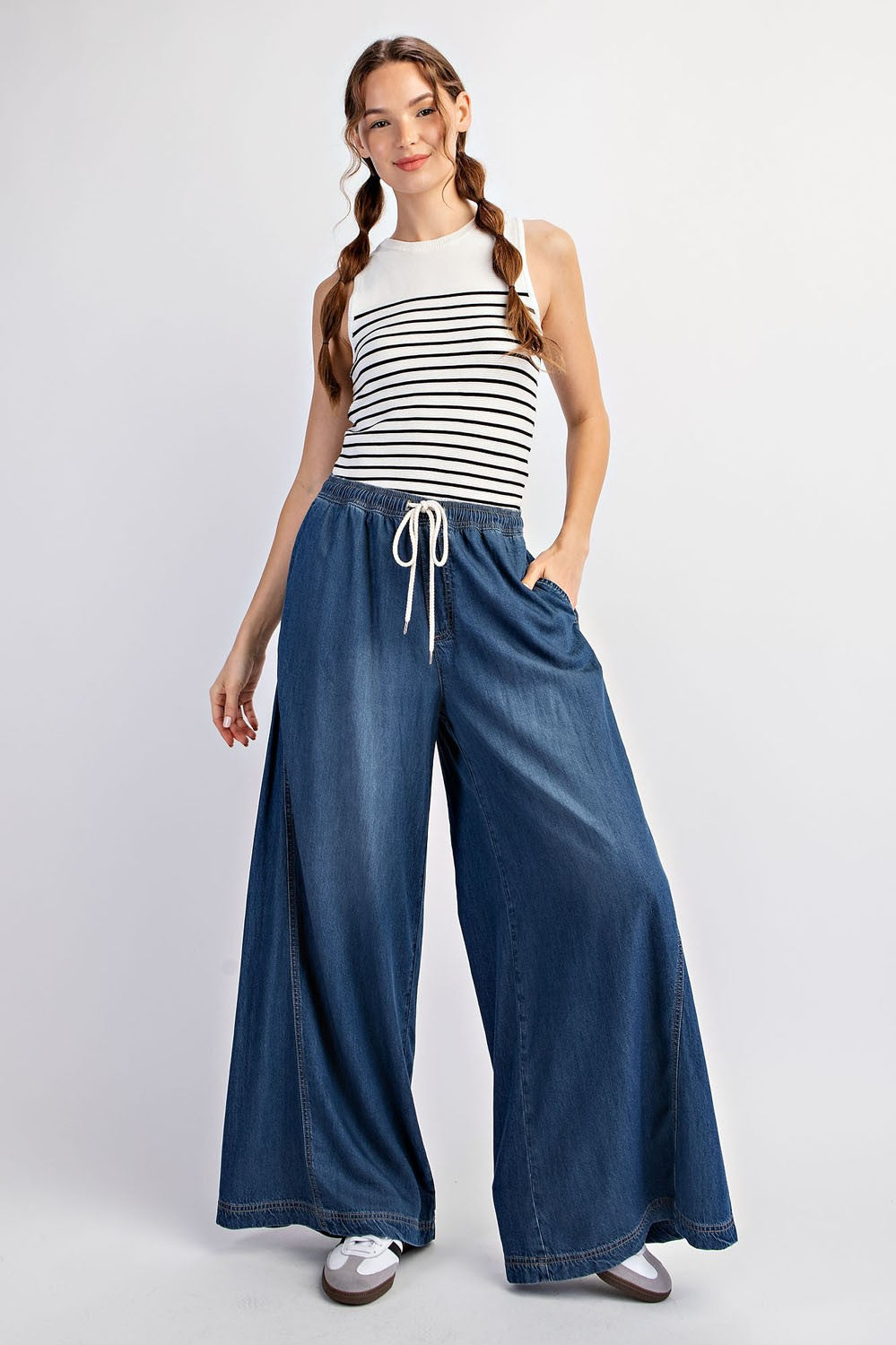 Mineral Washed Wide Leg Pants with Drawstring
