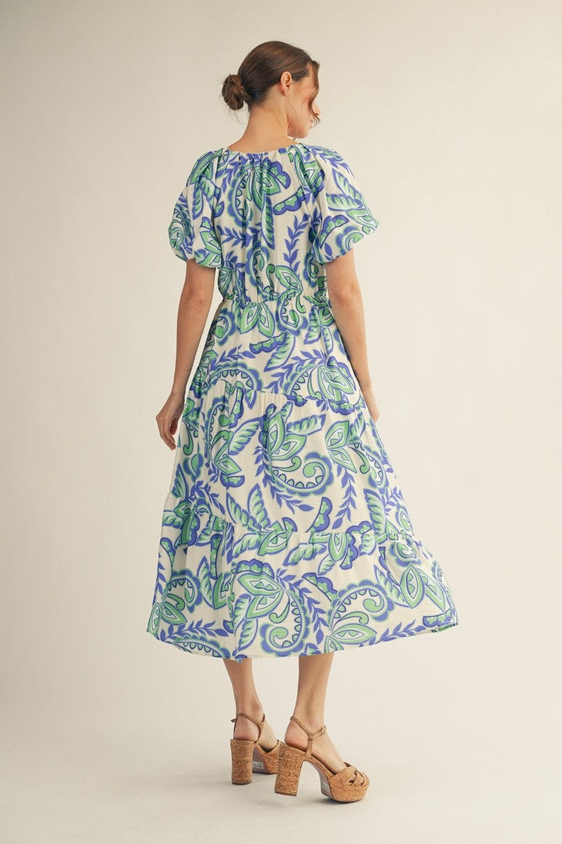 Blue Paisley Tiered Midi Dress