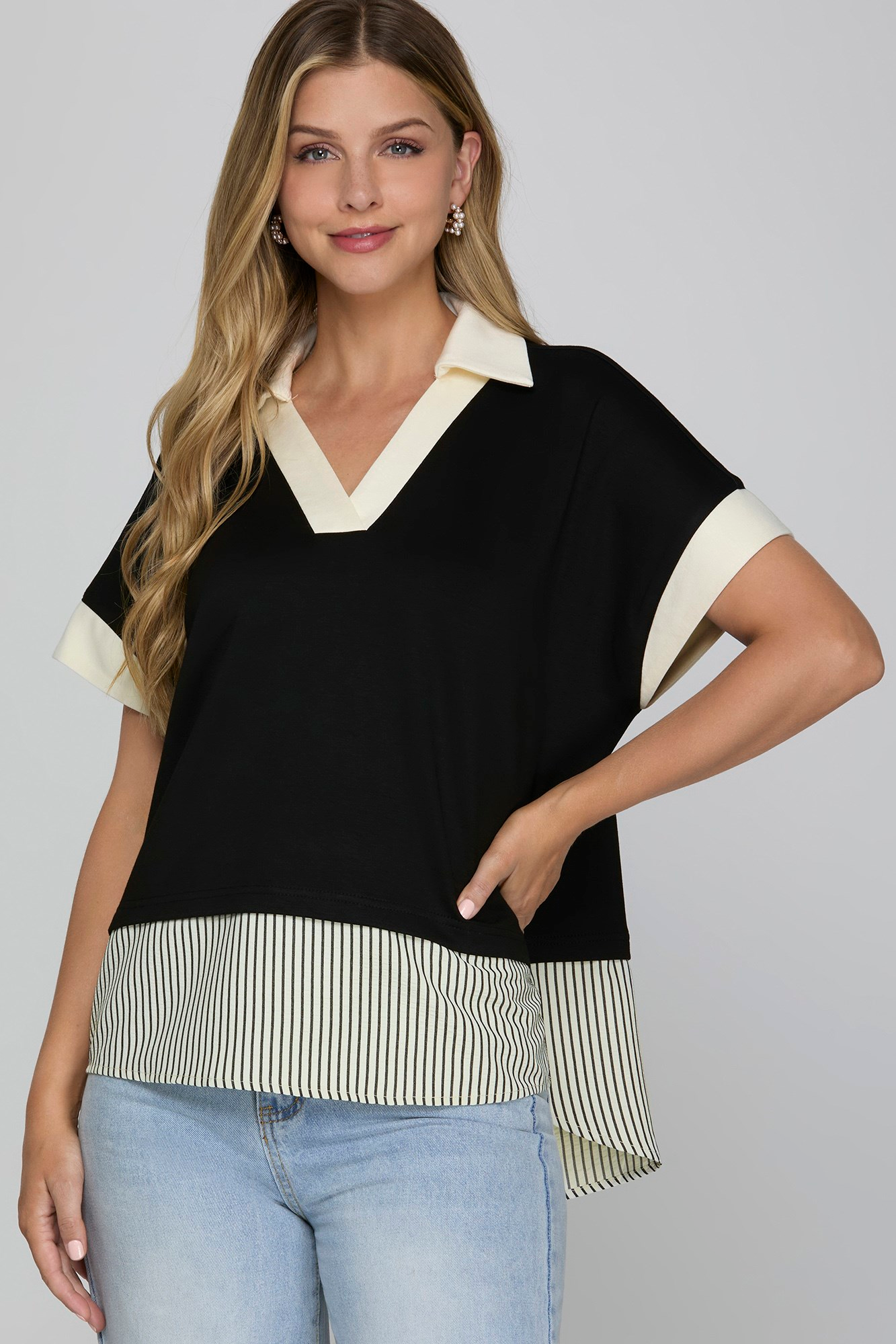 Black Drop Shoulder Contrast Stripe Short Sleeve Top