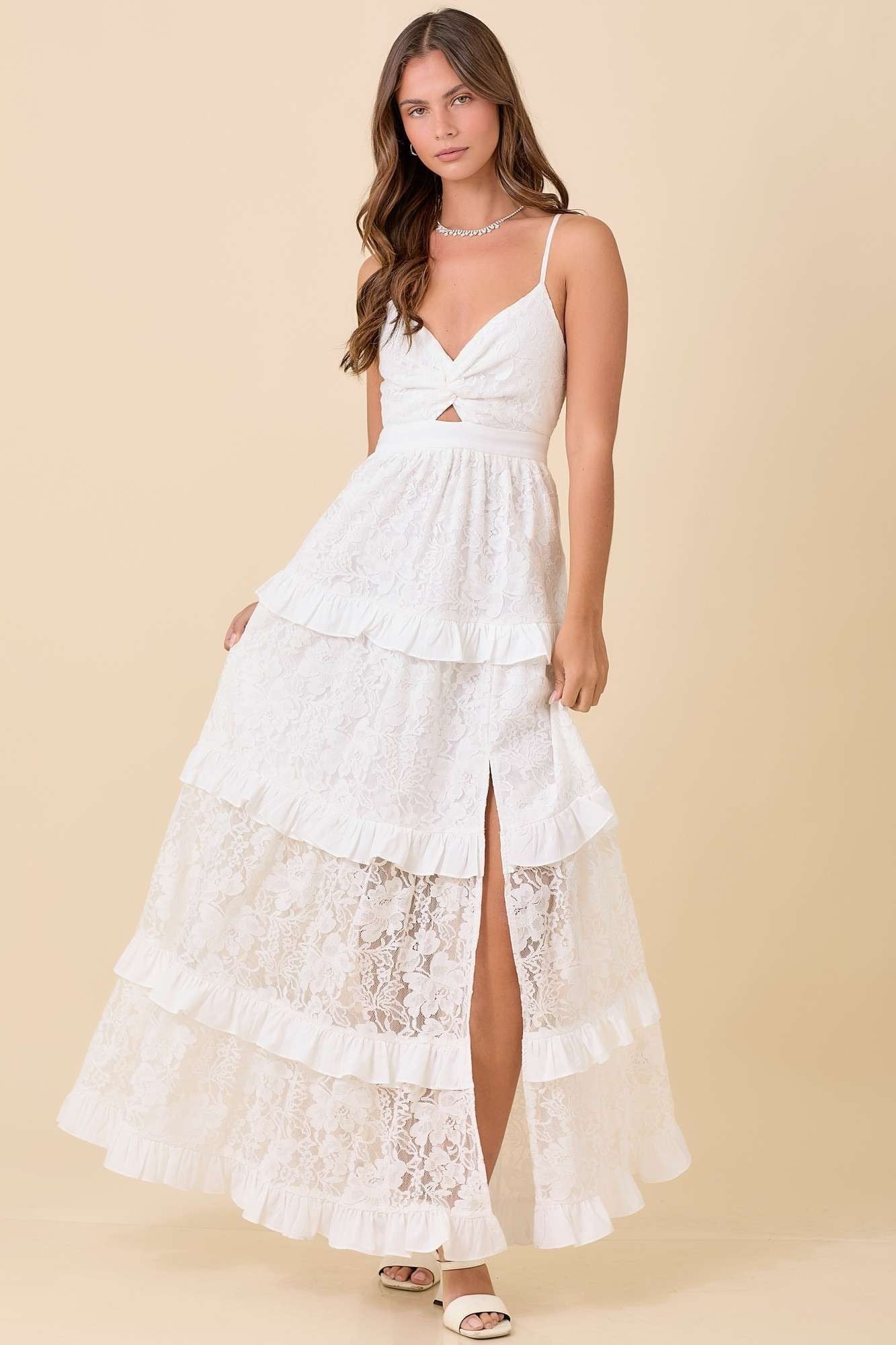 White Lace Tiered Spaghetti Strap Maxi Dress