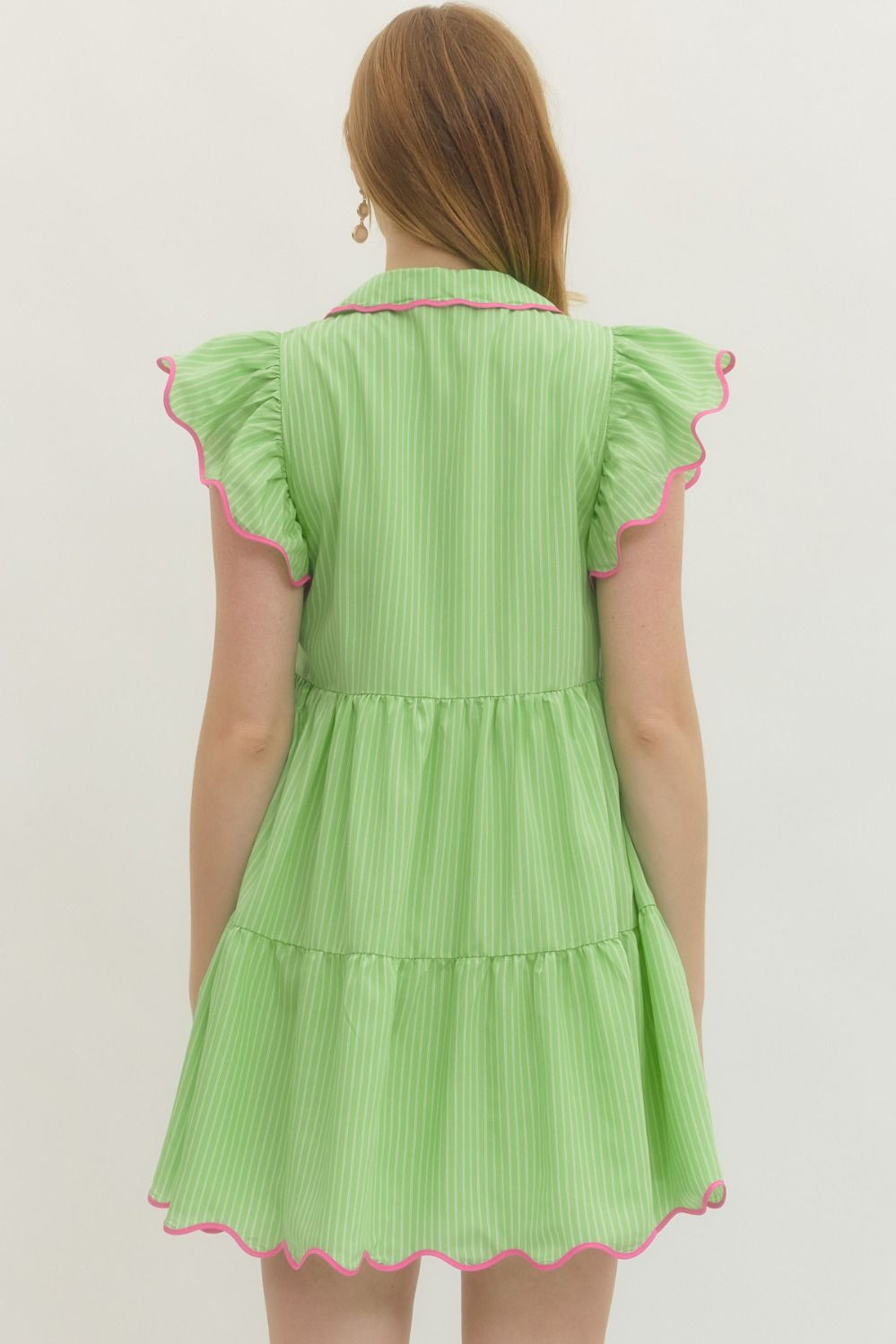 Green Pinstripe Pink Tiered Dress