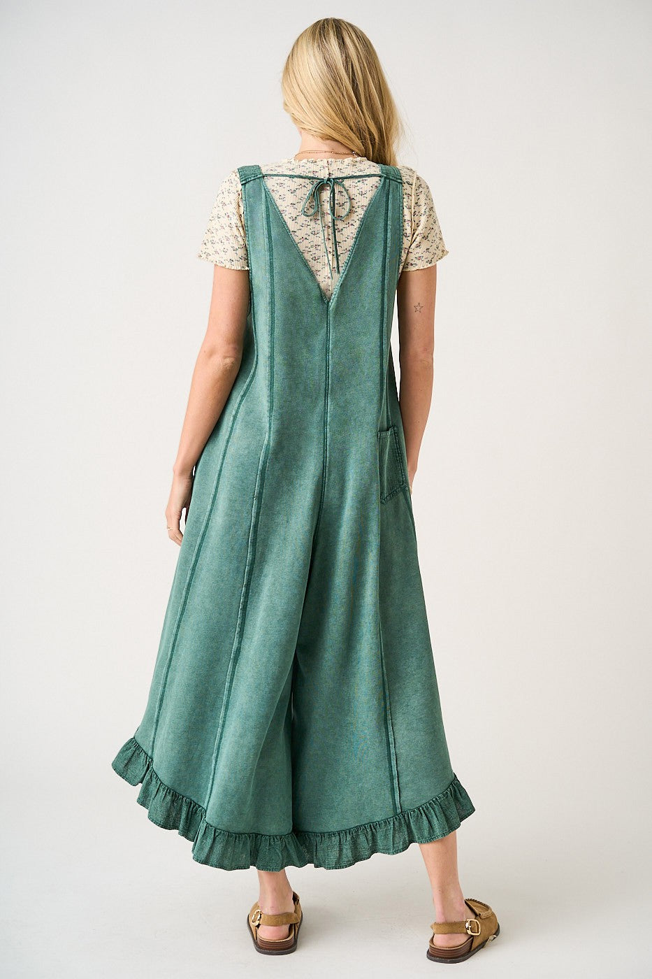 Mineral Wash Ruffle Wide Leg Jumpsuit