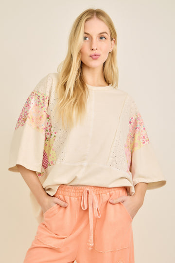 Beige Eyelet and Floral Top