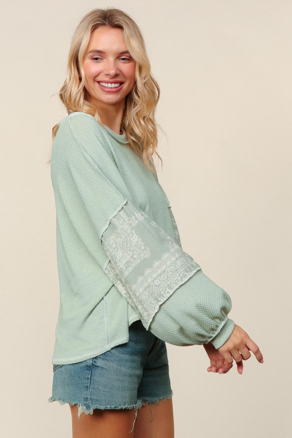 Curvy Light Sage Boho Bubble Sleeve Top