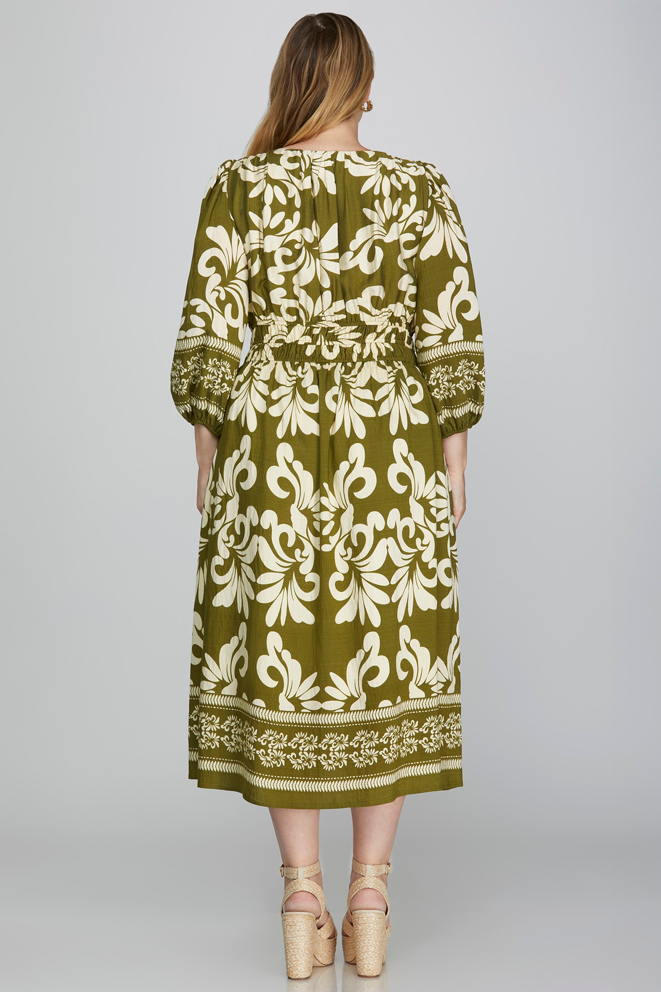 Curvy Olive 3/4 Sleeve Elastic Waist Dress