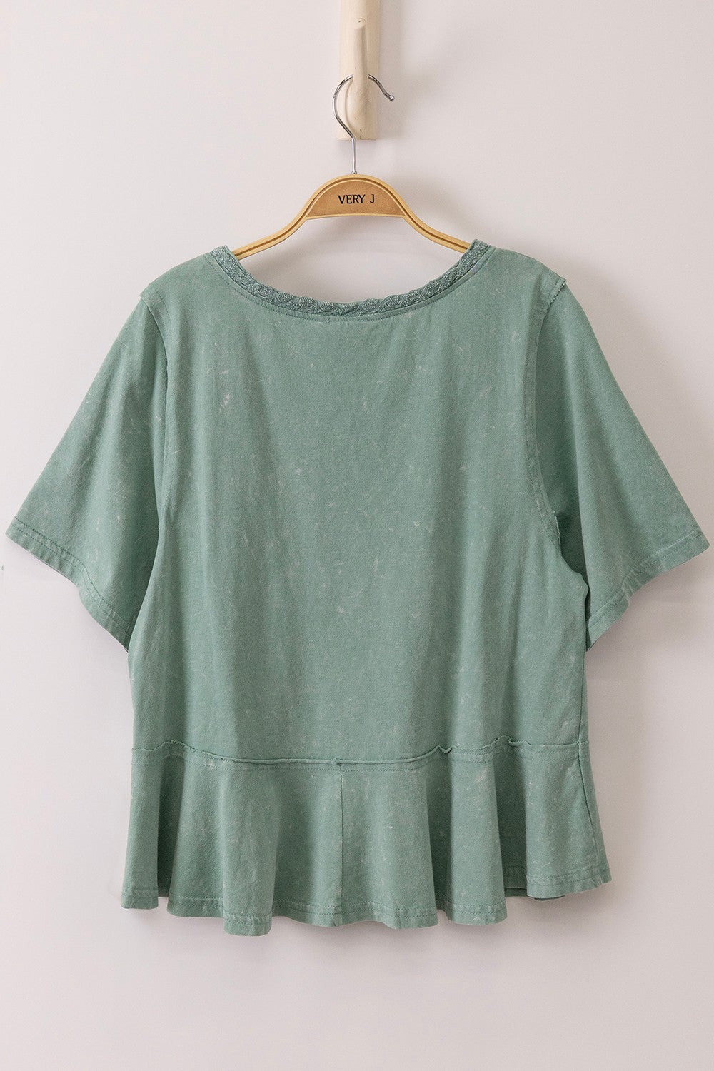 Sage Mineral Wash Lace V Neck Peplum Top