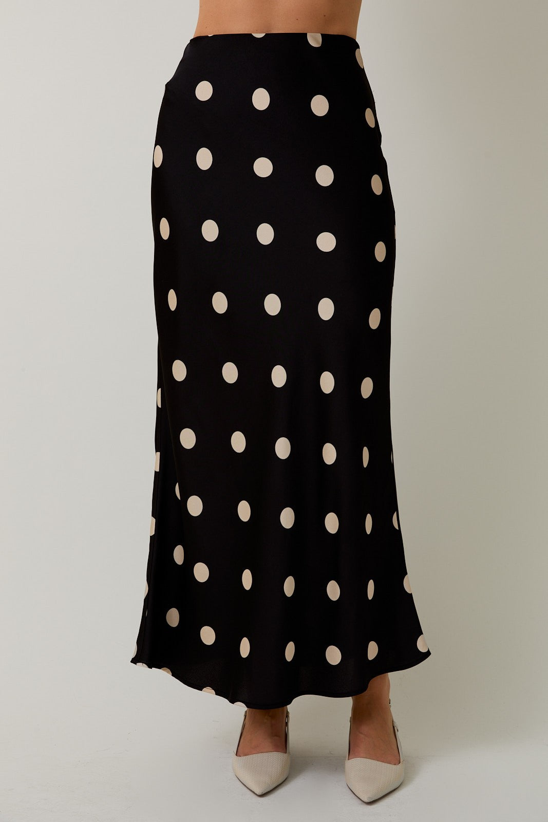 Black Satin Maxi Skirt with Elastic Waist in Polka Dot
