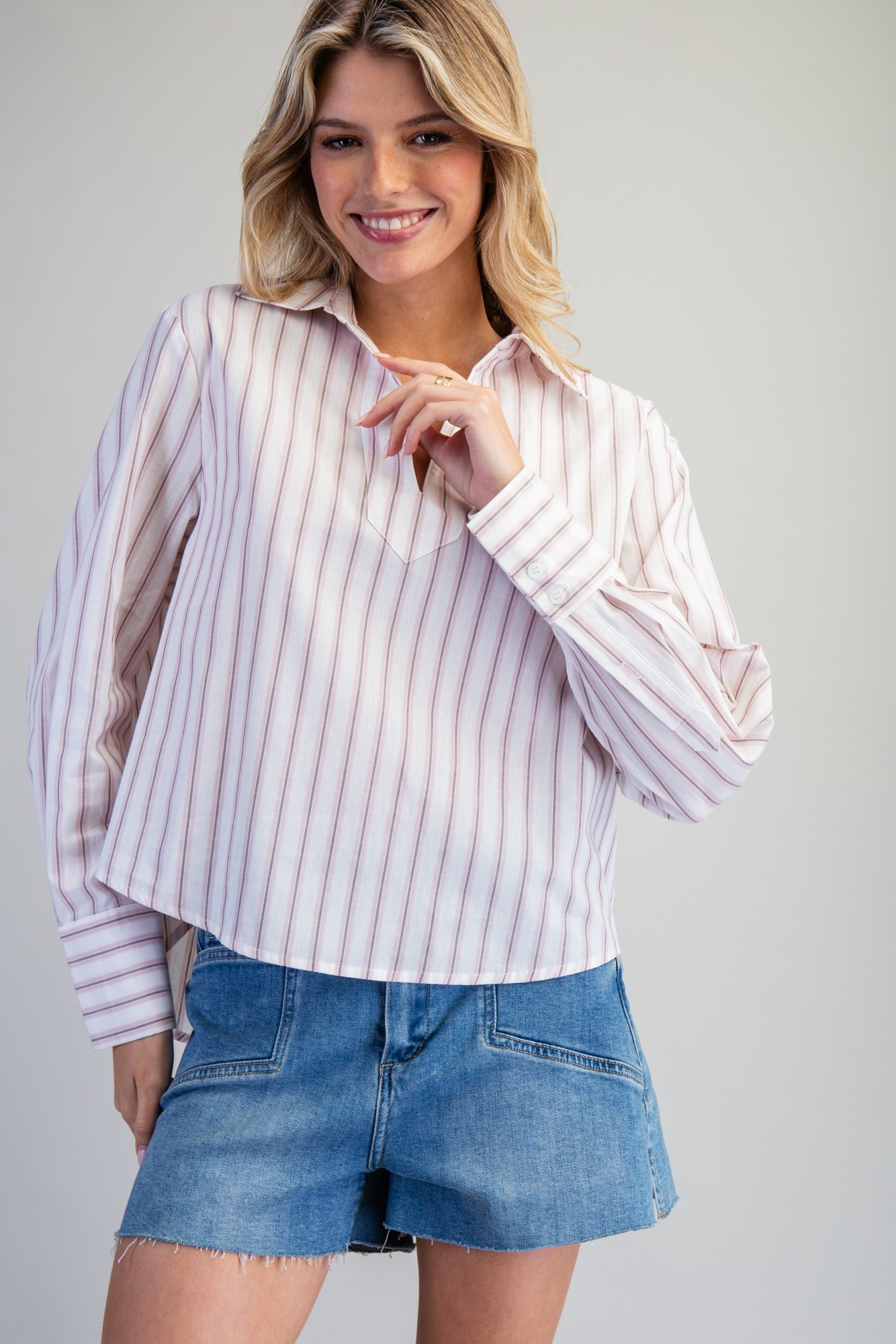 Blush Striped Collared V-Neck Top