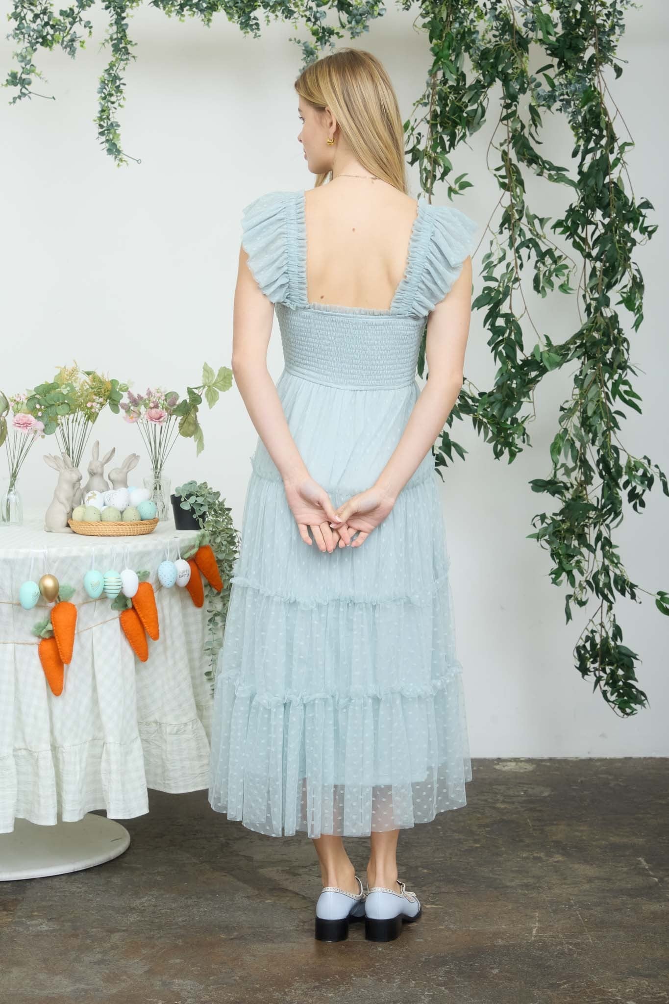 Polka Dot Print Tulle Tiered Midi Dress