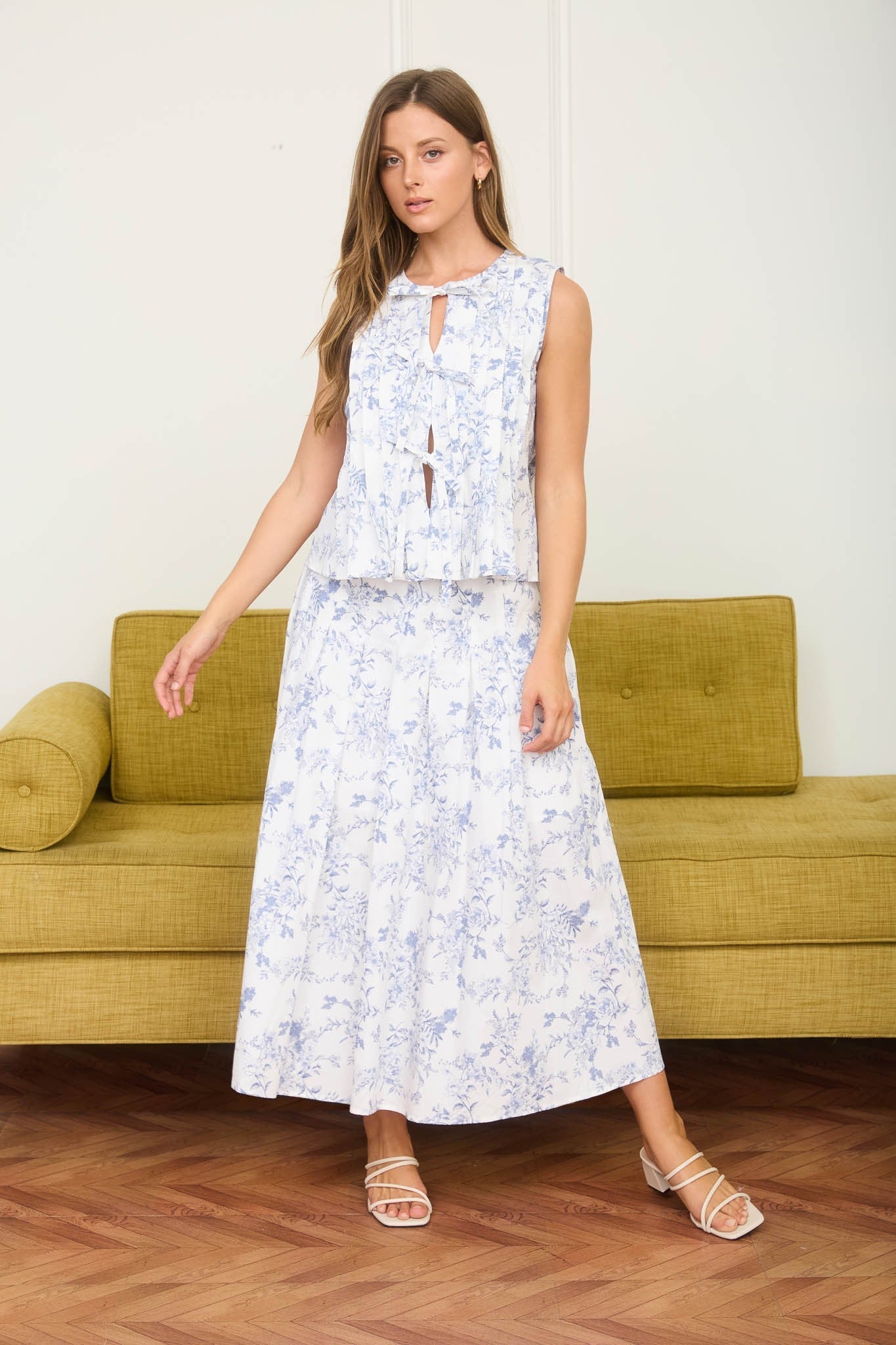 Floral Toile Pleated Midi Skirt
