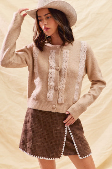 Oatmeal Front Lace Trim Cardiagn