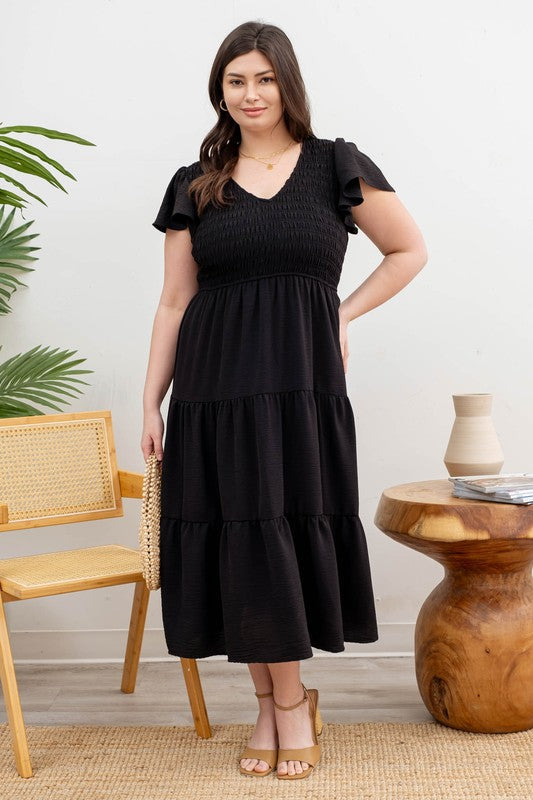 Tiered V-Neck Cap Sleeve Midi Dress