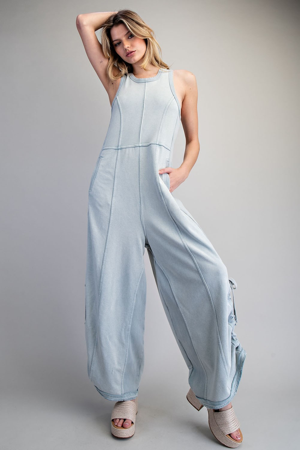 Blue Mineral Wash Cinched Leg Jumpsuit
