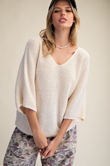 Beige 3/4 Sleeve V-neck Sweater