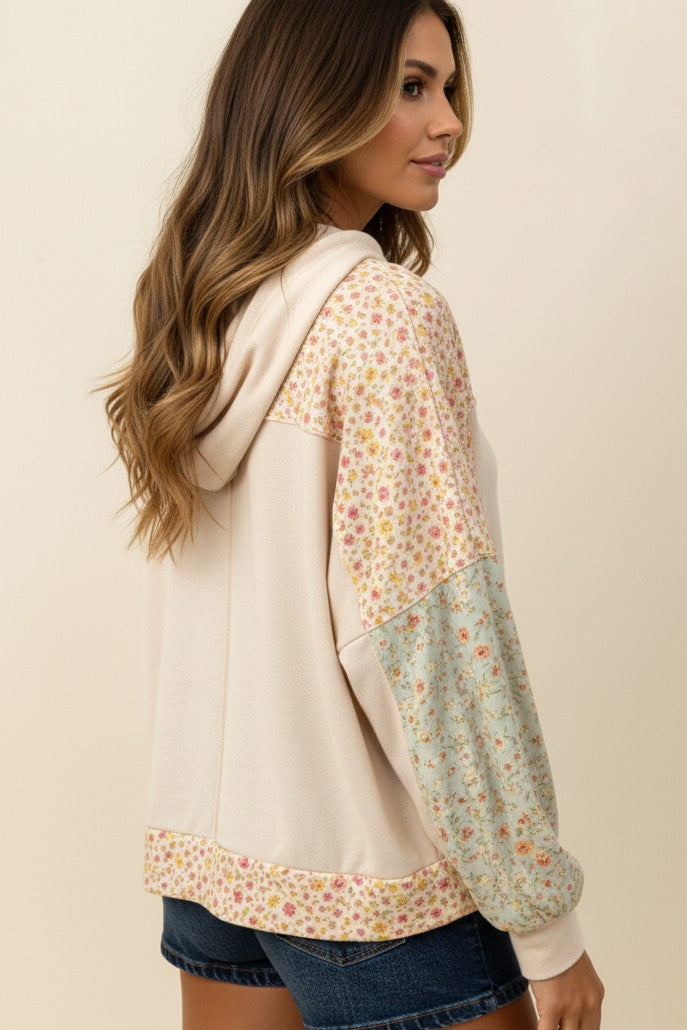 Oatmeal Floral Bubble Sleeve Hooded Top