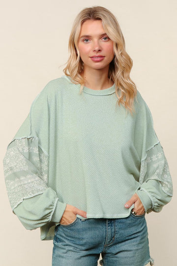 Light Sage Boho Bubble Sleeve Top