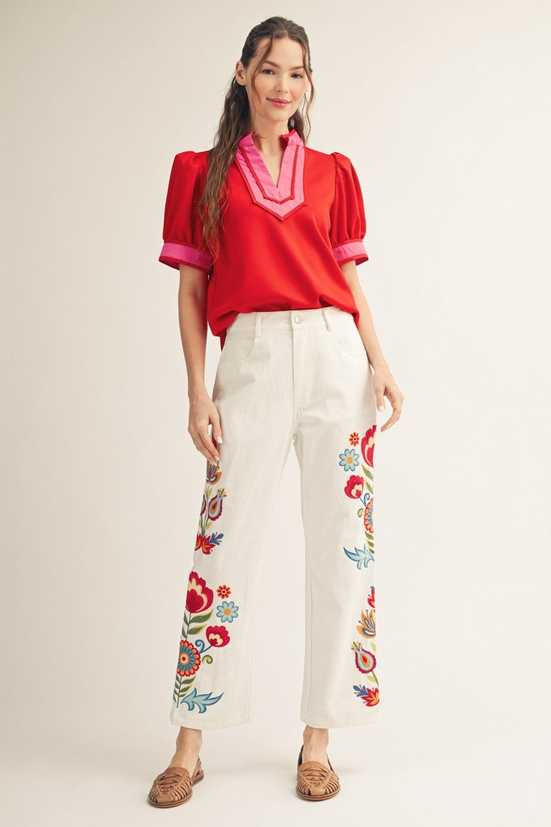 White Floral Embroidered Pants
