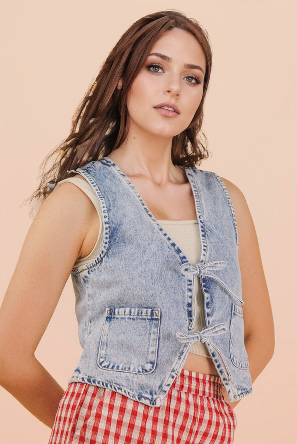 Washed Tailored Denim Front Tie Vest