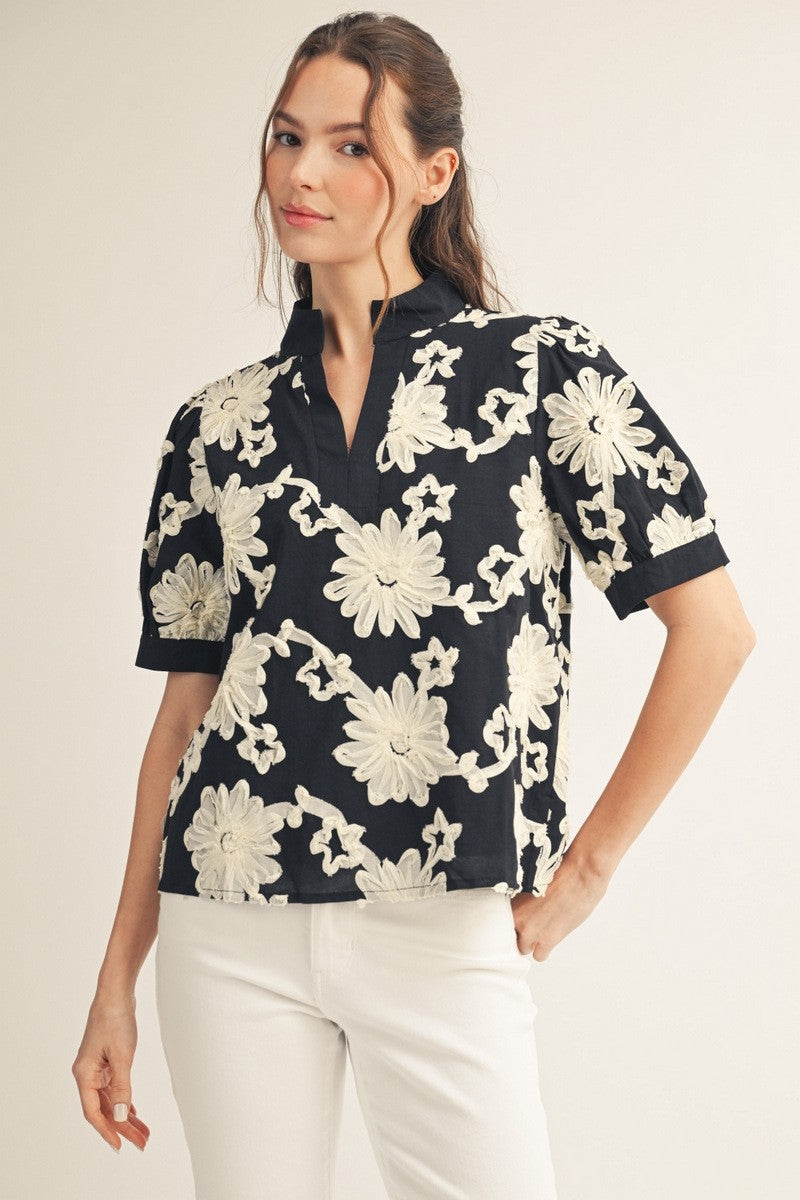 Short Puff Sleeves 3D Floral Top