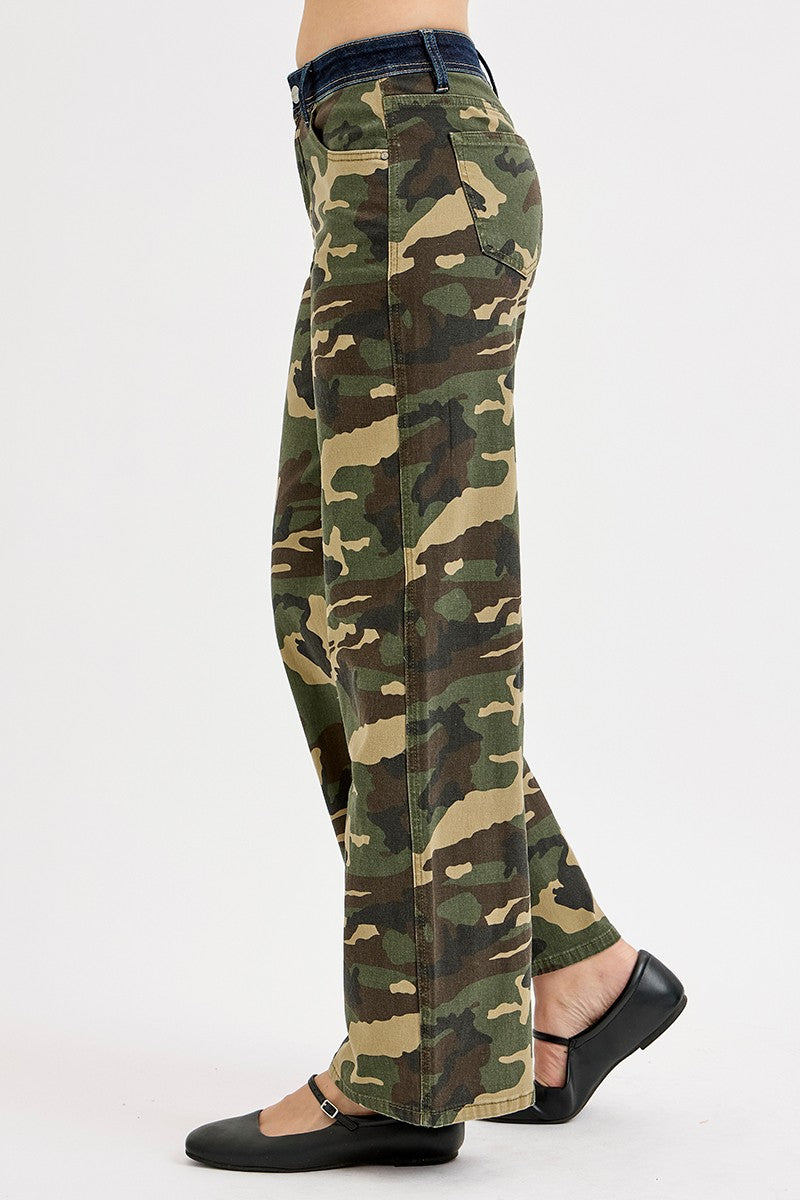 Curvy Emily's Camo Mid Rise Wide Straight Leg Jeans
