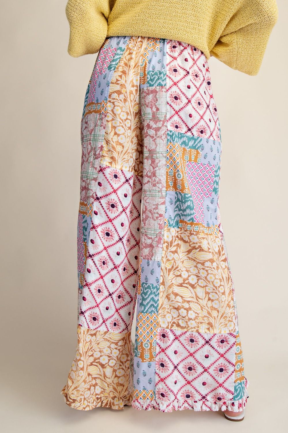 Patchwork Wide Leg Ruffle Hem Pants