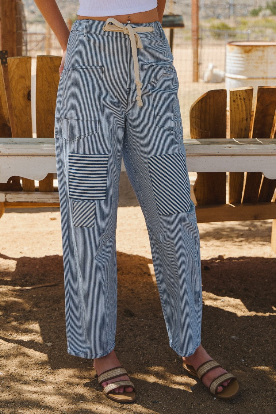 Curvy Washed Denim Relaxed Drawstring Pants