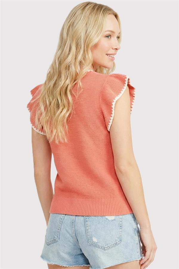 Blanket Stitched Edges Crew Neck Ruffle Sleeve Sweater