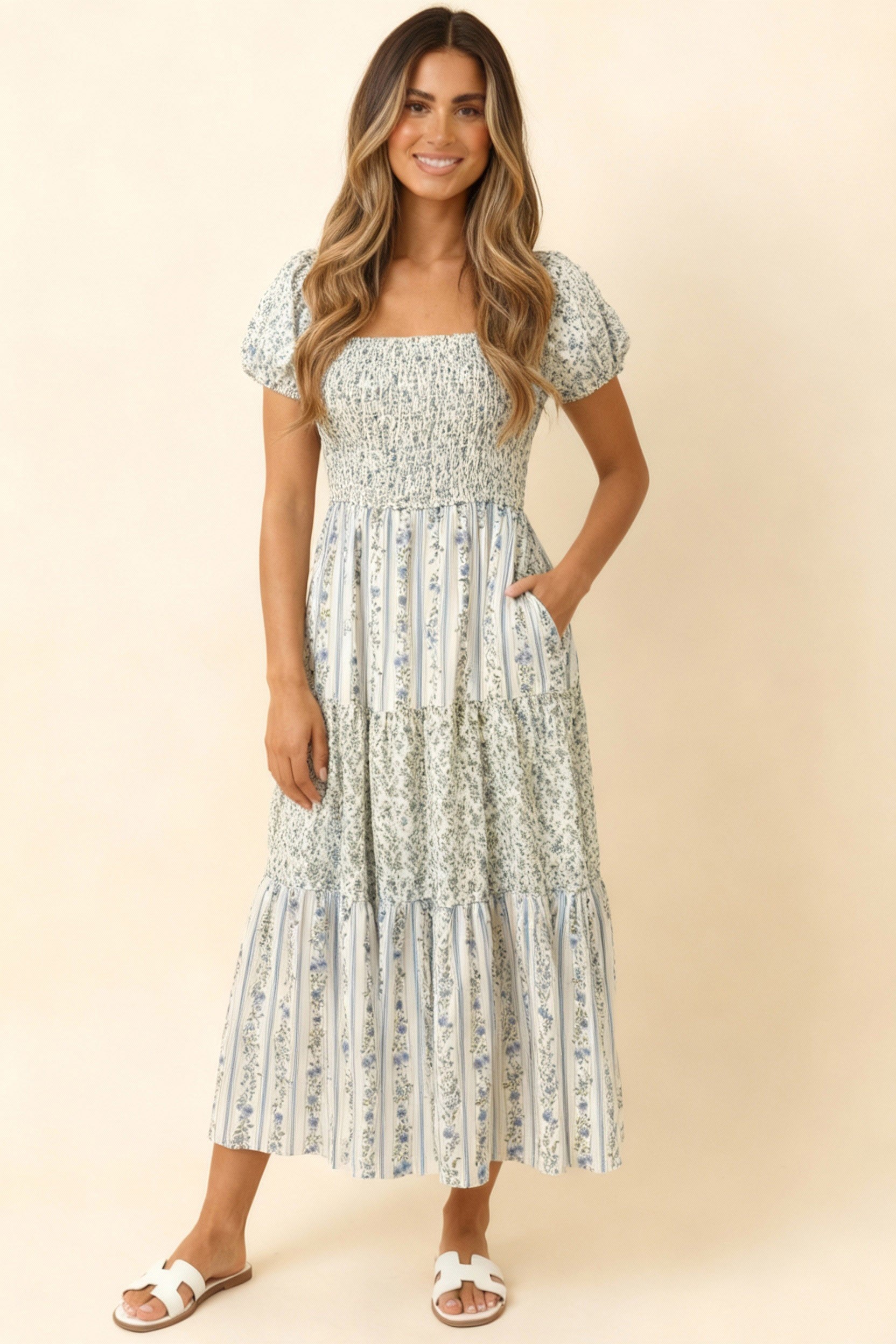 Ivory Striped Floral Tiered Cap Sleeve Dress