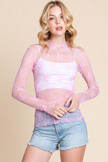 Long Sleeve Floral Lace Top Pink