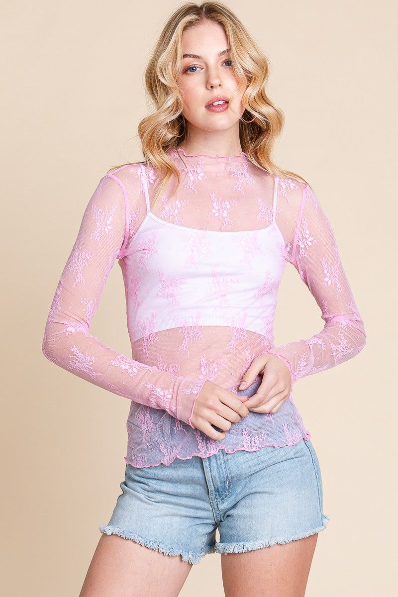 Long Sleeve Floral Lace Top Pink