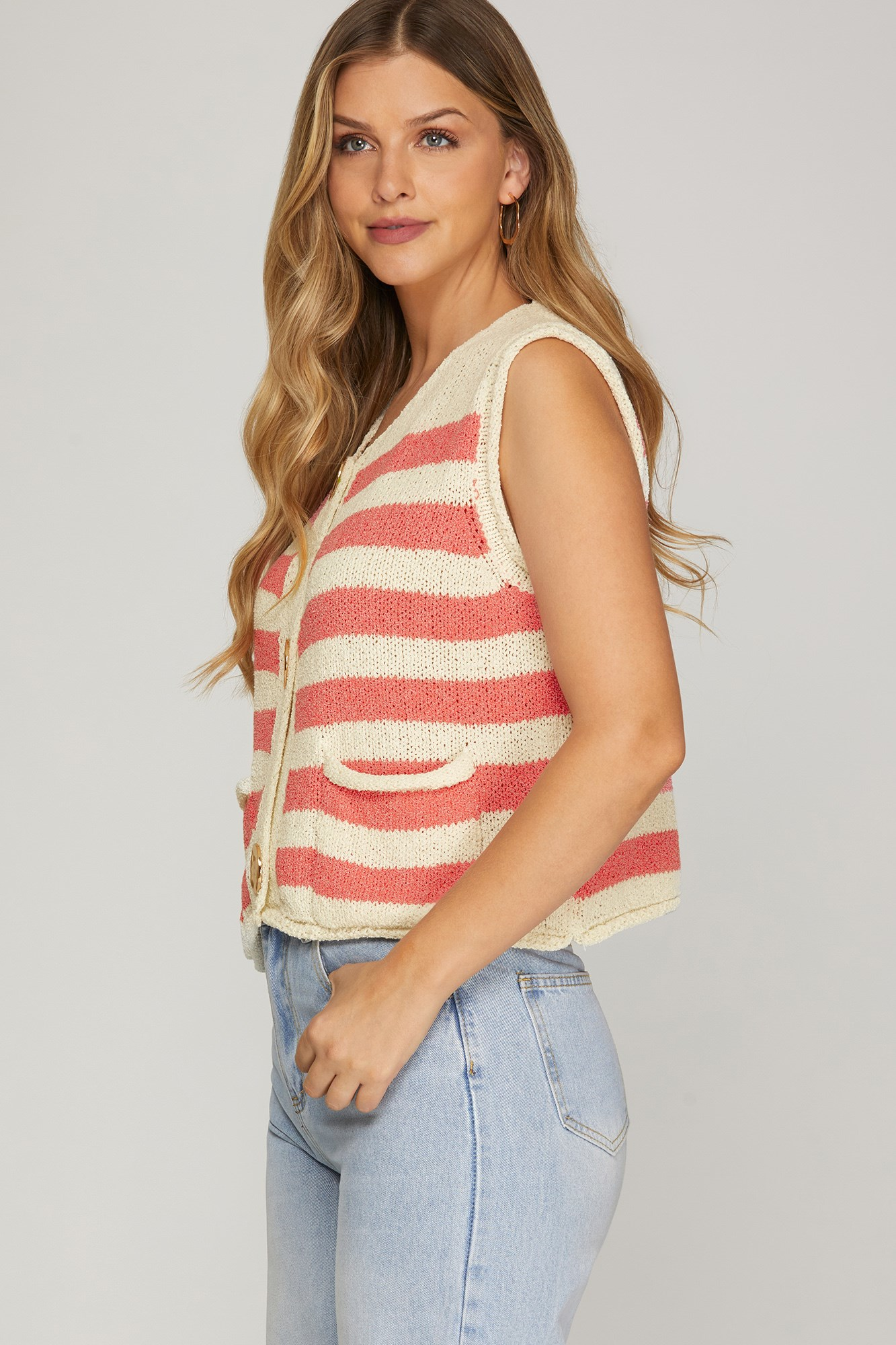 Coral Striped Gold Button Front Vest