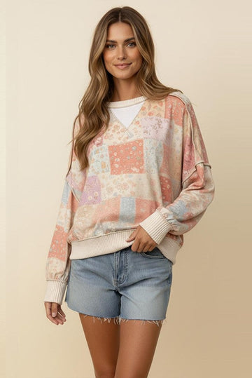 Curvy Peach Printed Long Sleeve Top