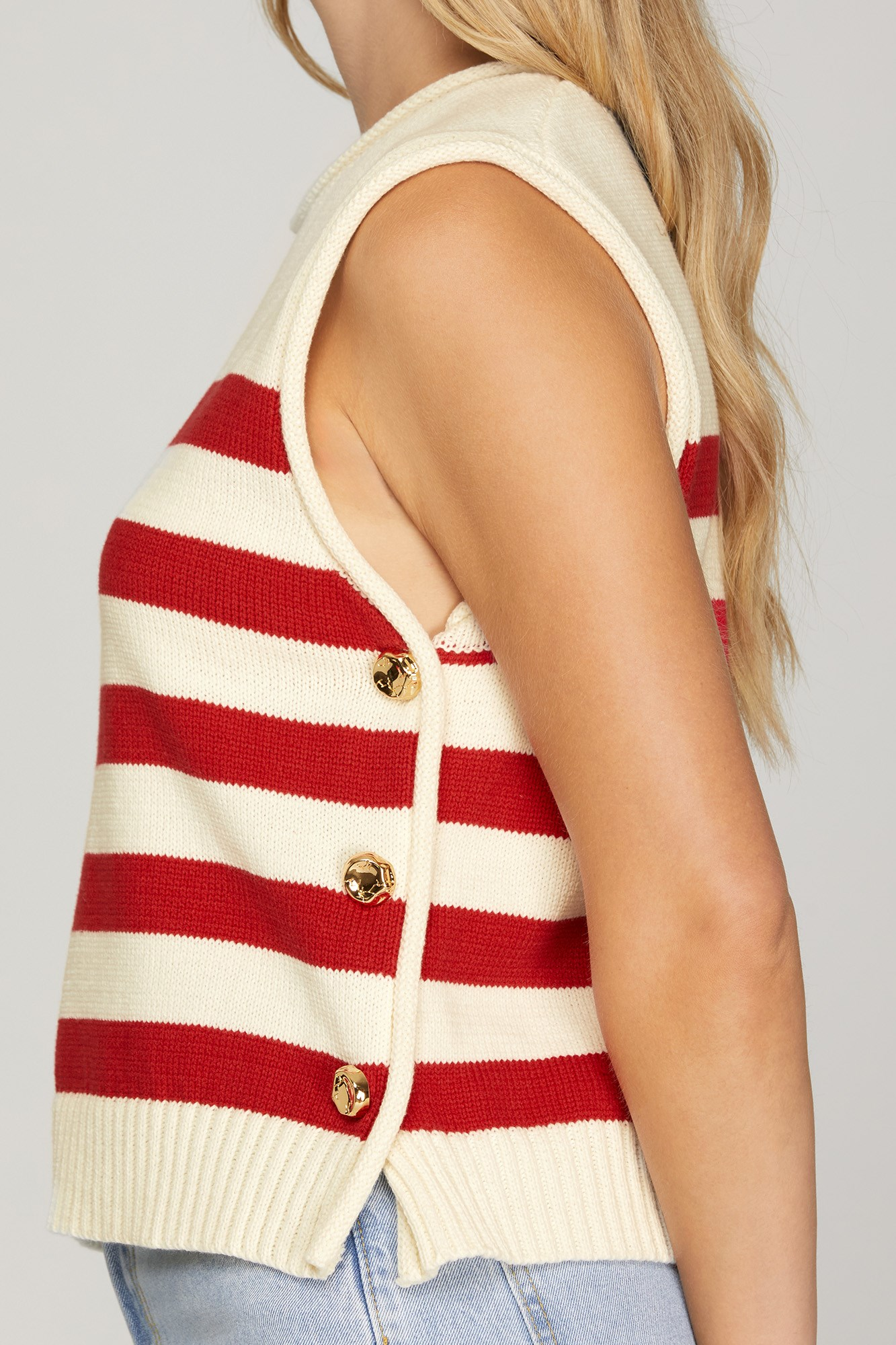 Red Striped Sweater Vest With Gold Side Buttons