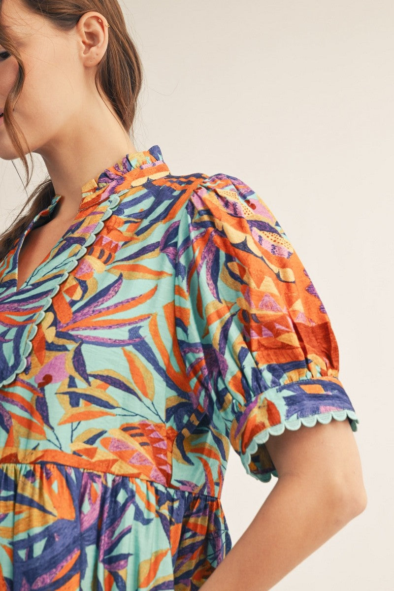 Aqua Short Sleeve Tropical Print Midi Dress