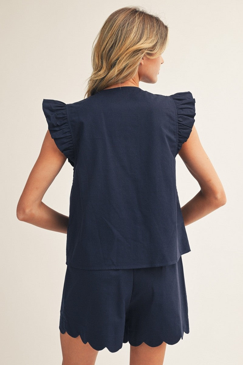 Navy Button Front Ruffle Sleeve Top