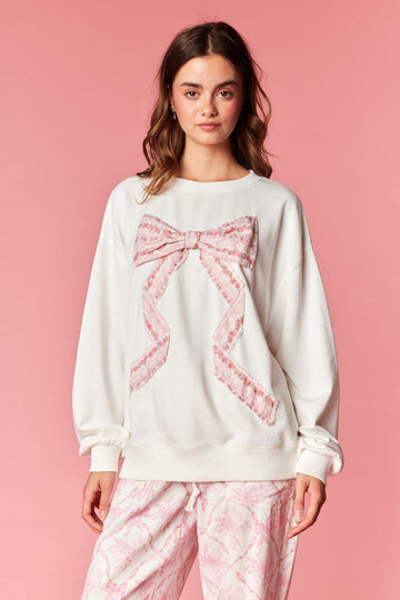 Ivory Floral Pink Bow Applique Crewneck