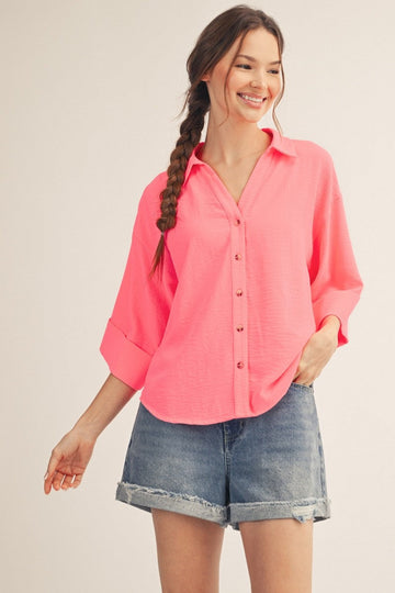 Neon Pink Pleat Back Detail Button Front Top