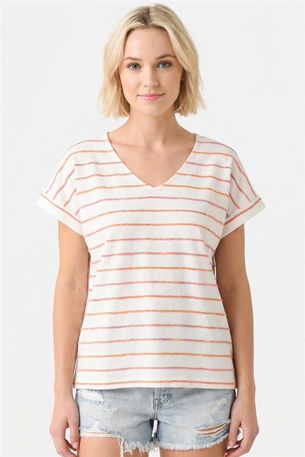 V Neck Short Sleeve Textured Stripe Top