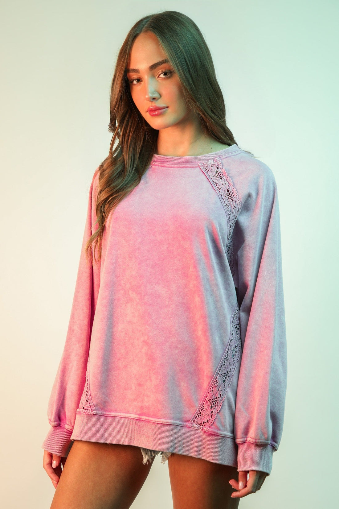 Lace Trim Detail Mineral Washed Knit Top