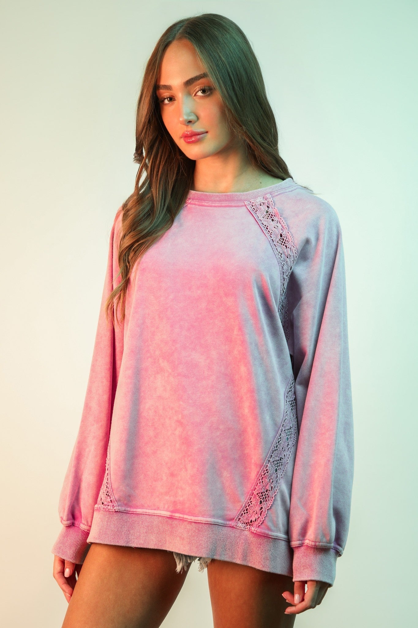 Lace Trim Detail Mineral Washed Knit Top