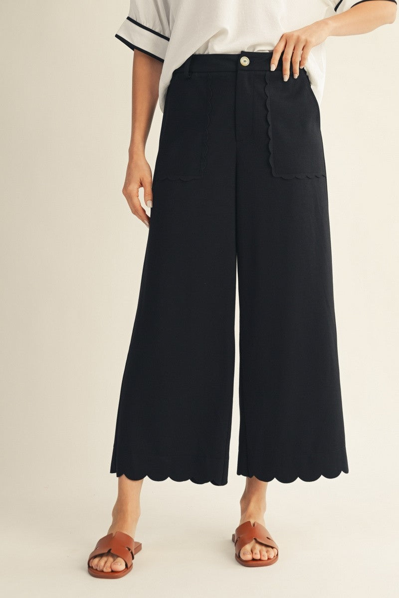 Black High Waist Scallop Hem Pants